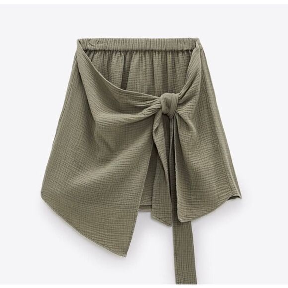 Zara EUC Wrap Up Knotted ButterySoft Material Olive Khaki Green Mini Skirt XS - Picture 6 of 12